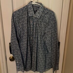 Blue butterfly pattern button down dress shirt.